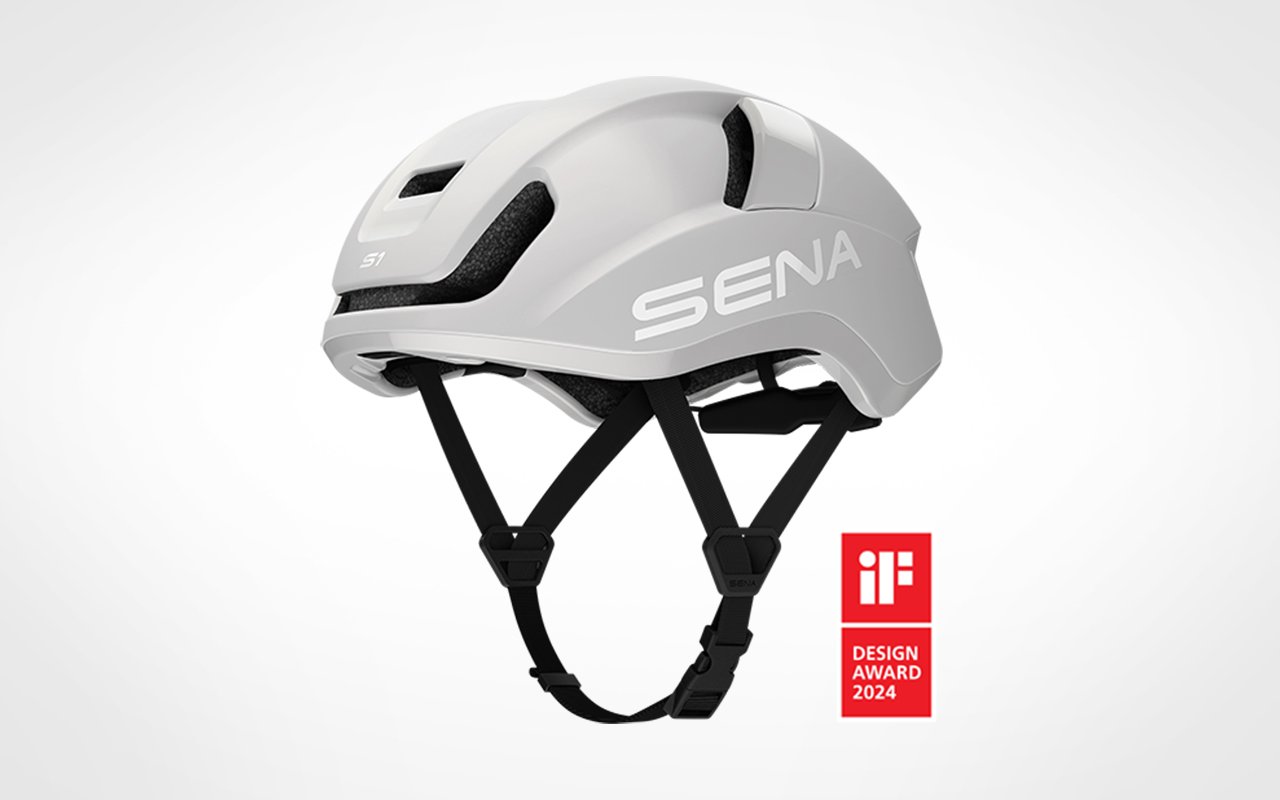 Sena S1 Smart Cycling Helmet in matte white, featuring a built-in microphone and speakers for clear communication. The 2024 iF Design winner badge highlights its innovative design.